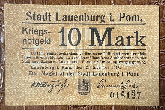 Банкнота 10 марок 1918 год. Лауэнбург-ин-Поммерн. Веймарская республика