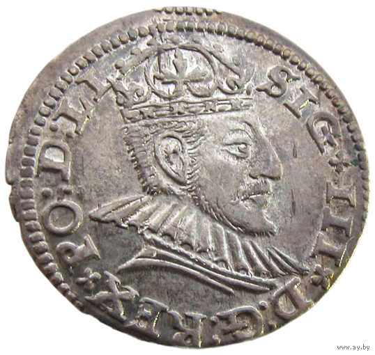 Речь Посполитая: Литва и Польша, трояк/ 3 гроша (м.д. Рига) 1590 г., 3 Grossus (Riga) - 15 90, большая голова (large head) - Rarity Level: R4, состояние Unc, Жигимонт III