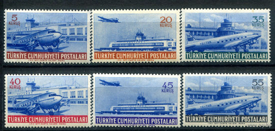 Турция - 1954г. - авиация, самолёты, авиапочта - 6 марок - полная серия, MNH, жёлтый клей, номинал 35 с маленьким пятнышком на лицевой стороне [Mi 1404-1409]. #4-W2-132-A-2