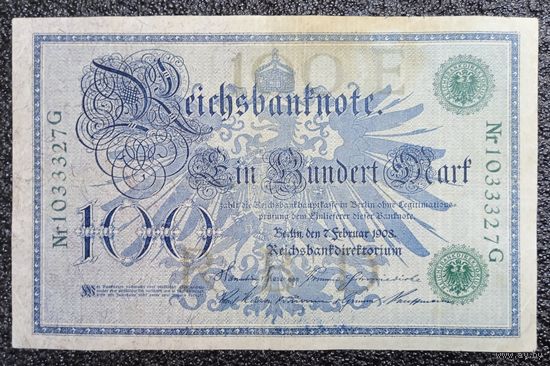 100 марок Германия 1908 г. (зелёная печать)