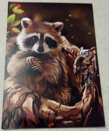 Посткроссинг. Открытка Енот и сова (10х15). Прошла почту. Художественные марки, чёткий штемпель.