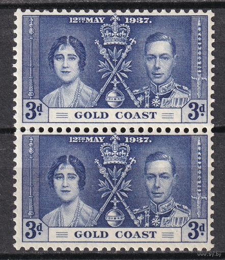 32a.BrKS. Великобритания. Колонии.  Золотой Берег. Коронация Георга VI и Елизаветы. 1937 г. 3P. Mi.#104. MNH. Пара.