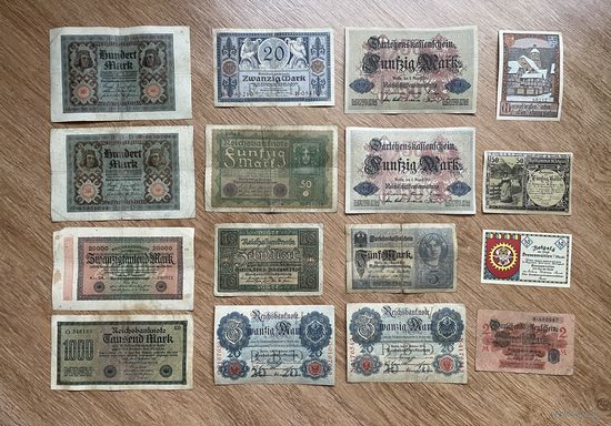 Банкноты Германия от Кайзера до Веймара / марки 1914-1923, нотгельды / 16 бон с 1 рубля