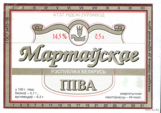 Этикетка пива Мартовское Лидский ПЗ Т732