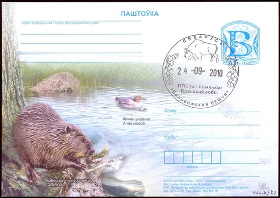 Беларусь 2010 ПК с "В" фауна птицы гашение "Беловежская пуща" зубр