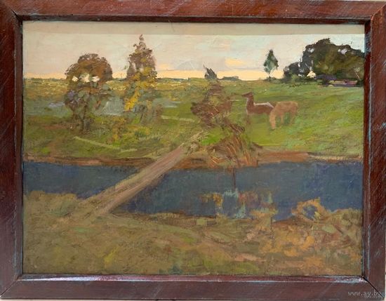 Данелия П.А "Этюд с рекой", 1983г. Холст, масло. Размер 41х55см.