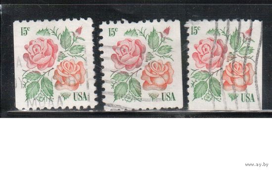 США-1978, (Мих.1354 D+Е) , гаш. , Стандарт, Цветы , Розы  (одиночка), 3 типа зубцовки(1)