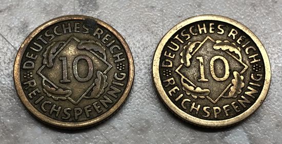10 пфеннигов Германия: 1924 г. D, 1924 г. F