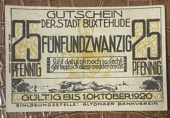 Нотгельд 25 пфеннигов 1920 год. Букстехуд. Веймарская республика