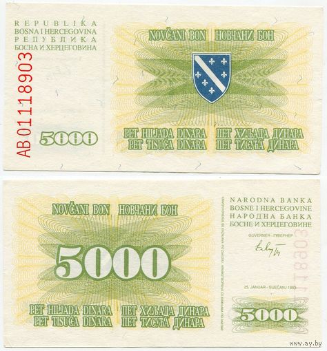 Босния и Герцеговина. 5000 динаров (образца 1993 года, P16a, XF)