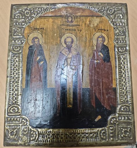 Старинная икона в окладе. - Святые. Размер 35x30 см.
