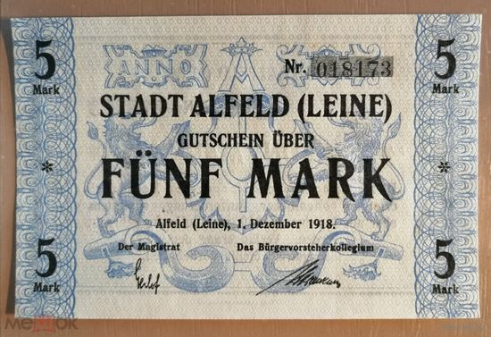 Германия, 5 марок 1918 год, Альфельд (Alfeld (Leine)), 008.02a