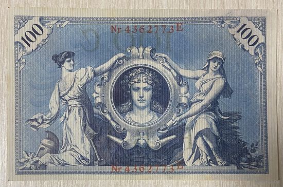 Банкнота 100 марок 1908 год. Германская империя. Красная печать. С рубля без МЦ. НЕ БЫЛА В ОБОРОТЕ.