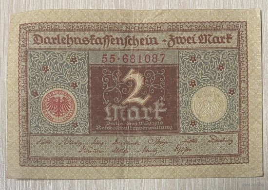 Банкнота 2 марки 1920 год. Веймарская республика. С рубля без МЦ.