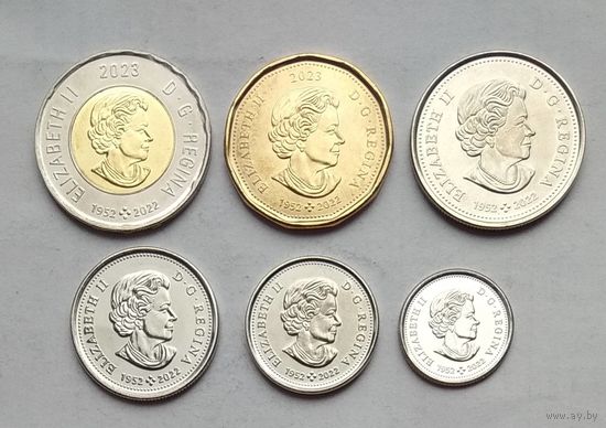 Канада 5, 10, 25, 50 центов, 1, 2 доллара 2023 г. Памяти Елизаветы II 1952-2022. Комплект 6 монет