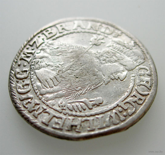 Орт 1624, Пруссия, Георг Вильгельм. Портрет в меховой мантии, BRAND и знак монетного двора в конце легенды на Ав., R1