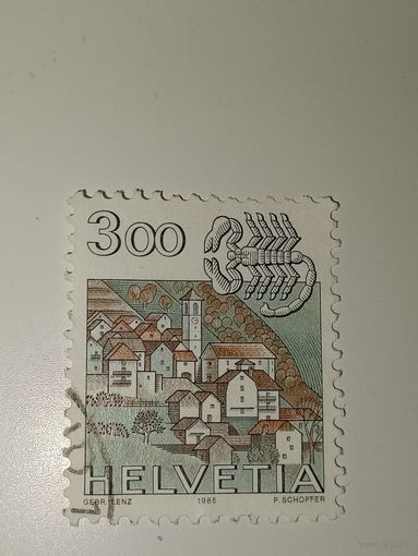 Марка Швейцария 1985 год нак зодиака Скорпион и пейзаж с деревней Кориппо.