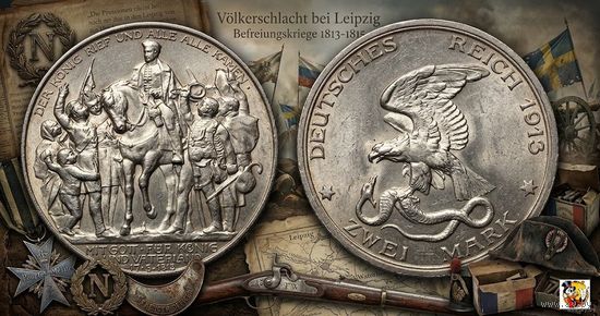 Германия 2 марки 1913 года "100 лет объявлению войны против Франции", AU. Серебро! Сторгуй за свою цену, предложи обмен! S100