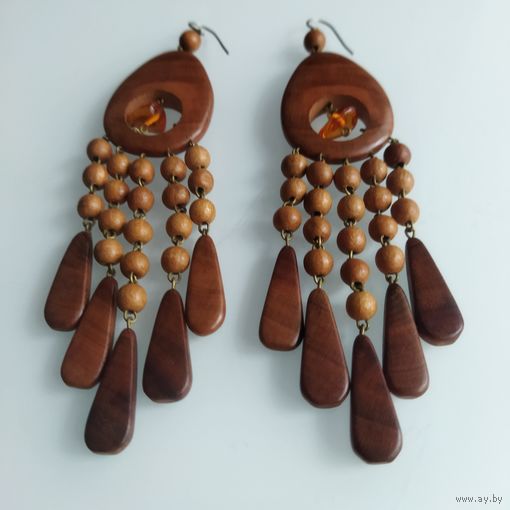 Серьги винтажные,крупные. Дерево. Янтарь.3х11 см.