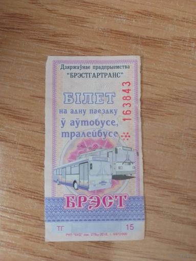 Билет на одну поездку Брест, 2016 г, серия ТГ