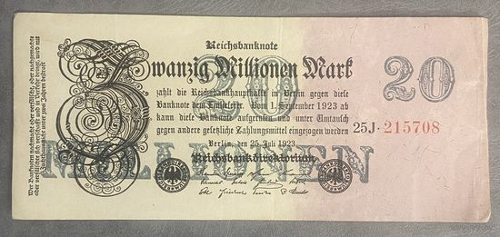 Банкнота 20 миллионов марок 1923 год. Веймарская республика