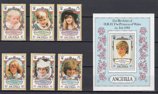 Принцесса Диана. Ангилья. 1982. 6 марок и 1 блок. Michel N 483-488, бл43 (20,0 е)