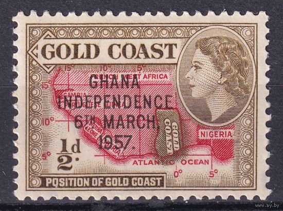 58.BrK. Британский доминион Гана. Елизавета II. 1957 г. 1/2P. Надпечатка. Гана. Независимость. 6 марта 1957.  MNH. Mi.#5.