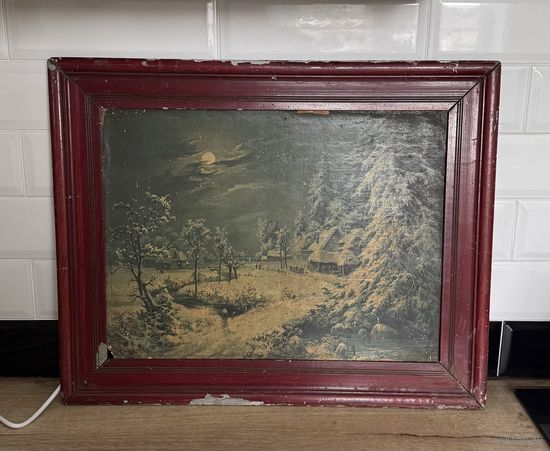 Старинная литография Зимняя ночь