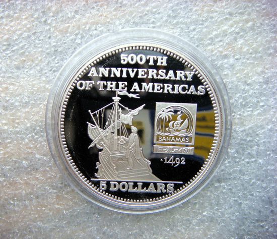 5 долларов 1991 Багамы. Багамские острова. 500 лет открытия Америки. Серебро 925 (2)