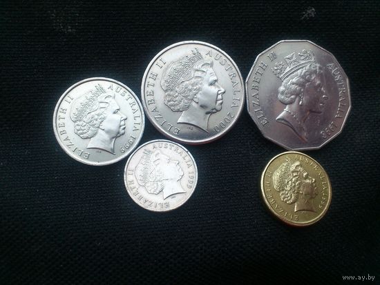 5 монет АВСТРАЛИЯ, 2 доллара 1999 , 50 центов 1998 Elizabeth II *Discovery of Bass Strait*,20 центов 2000,10 центов 1999, 5 центов 1999