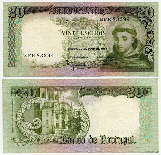 Португалия. 20 эскудо (образца 1964 года, P167b, подпись 2, aUNC)