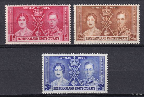 9.BrKS. Великобритания. Колонии.  Бечуаналенд. Коронация Георга VI и Елизаветы. 1937 г. Полная серия. Mi.##98-100.