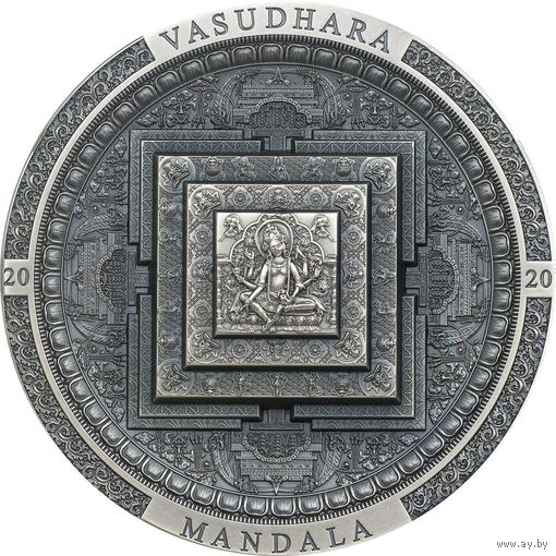 RARE Монголия 2000 тугриков 2020г. "Васудхара. Мандала". Монета в капсуле; шикарном подарочном футляре; номерной сертификат; коробка. СЕРЕБРО 93,30гр.(3 oz).