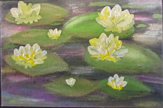 Картина авторская Кувшинки, холст на картоне, пастель, акрил, 10 *15