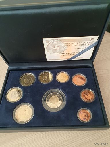 Официальный набор монет евро Испании регулярного чекана и 2 евро 10 лет евро (9 монет) 2009 года PROOF.