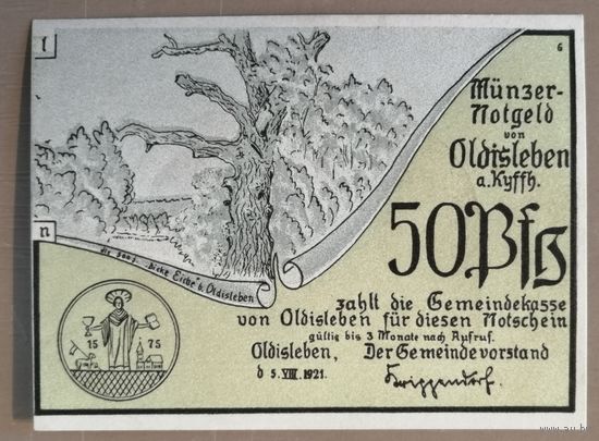Германия, нотгельды, 50 пфеннигов 1921 год, Ольдислебен (Oldisleben), 1022.1 a, вар. Nr 7