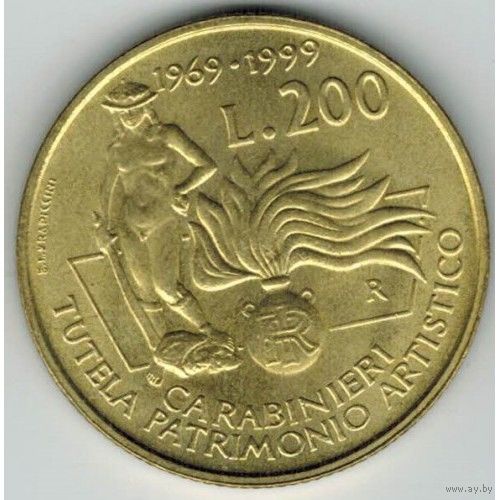 Италия 200 лир 1999 Карабинеры, защита культурного наследия UNC