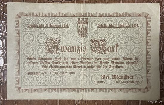Банкнота 20 марок 1918 год. Бунцлау. Веймарская республика.