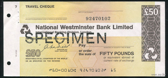 Дорожный чек Образец 50 фунтов стерлингов Банк Westminster Bank