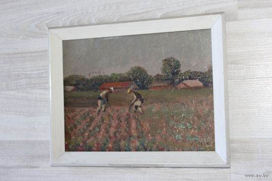 Картина "Копание картошки", Голяк, 1973 года, маслом на ДВП.