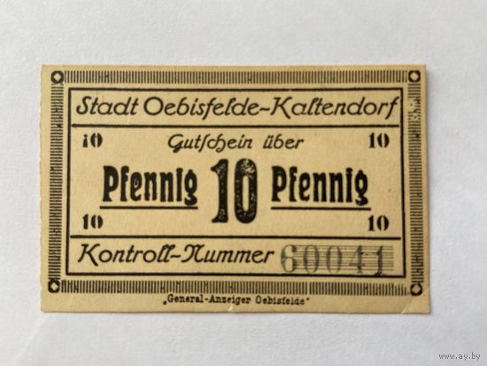 Нотгельд 10 пфеннигов Кальтендорф. Веймарская республика - 1602