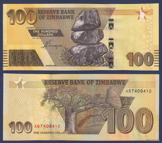 Зимбабве, 100 долларов 2020 г, P-W106 (AK, камни Чиремба, баобаб), UNC