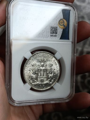 3 марки 1914г. Вольный город Гамбург.MS61 в слабе ННР. С рубля!