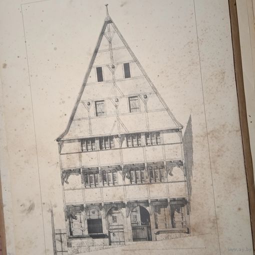 Гравюра. 19 век. HAUS ZU MARBURG 1320 48 X 32cm. Германия.  РАСПРОДАЖА КОЛЛЕКЦИИ.