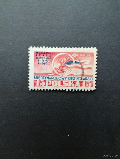 Польша 1948 Марка "Международная велогонка "Варшава-Прага-Варшава"" (гашение без клея с наклейкой) Mi.486 каталог 2.50 евро