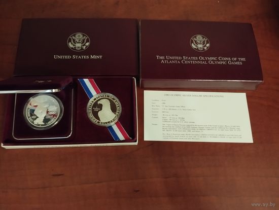 США 1 доллар 1993 года, "Олимпиада в Сан-Франциско", (две штуки в коробке с сертификатом). Серебро, "пруф"