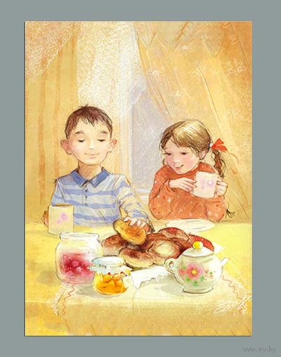 Открытка. Дети. Девочка. Мальчик. Друзья. Пирожки. Чаепитие. Художник Ек. Бабок (чистая)
