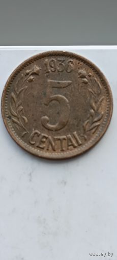 5 центов 1936 года. Литва - Первая Республика (1925 - 1938). Монета не чищена. 2513