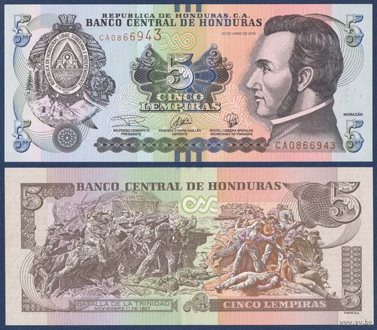 Гондурас, 5 лемпира 2019 г, P-98 (CA, президент Франсиско Морасан, битва при Тринидаде), UNC