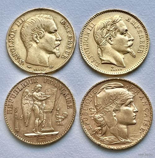 4 золотые монеты. Франция. 20 Франков Золото. (аукцион Без минимальной цены)